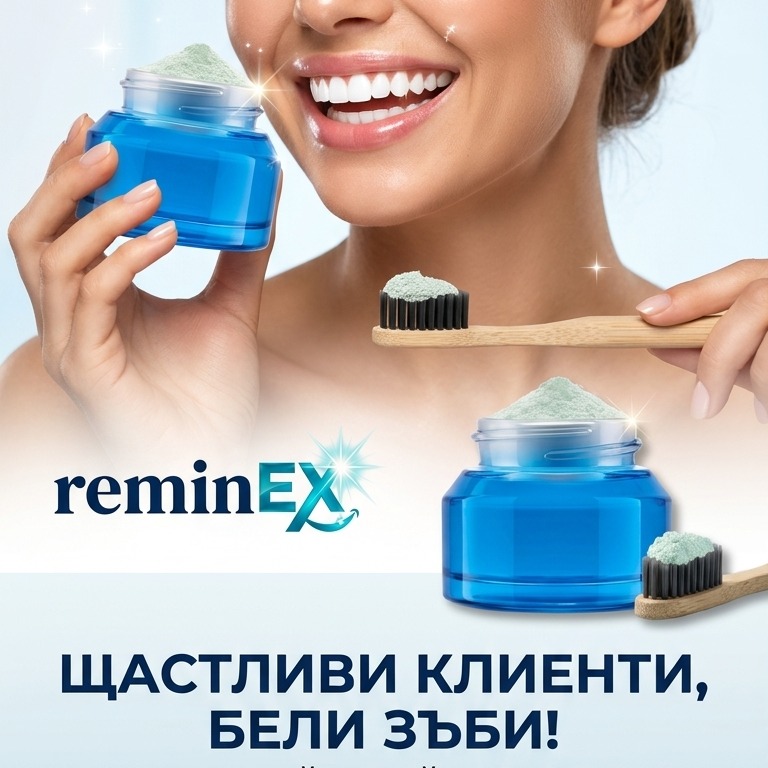 Woman holding a toothbrush and dental cream with Reminex branding on a light blue background.