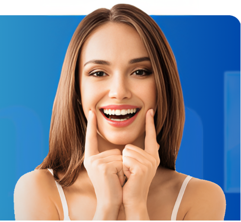 Woman with a bright smile and hands on her cheeks against a blue background with text.
